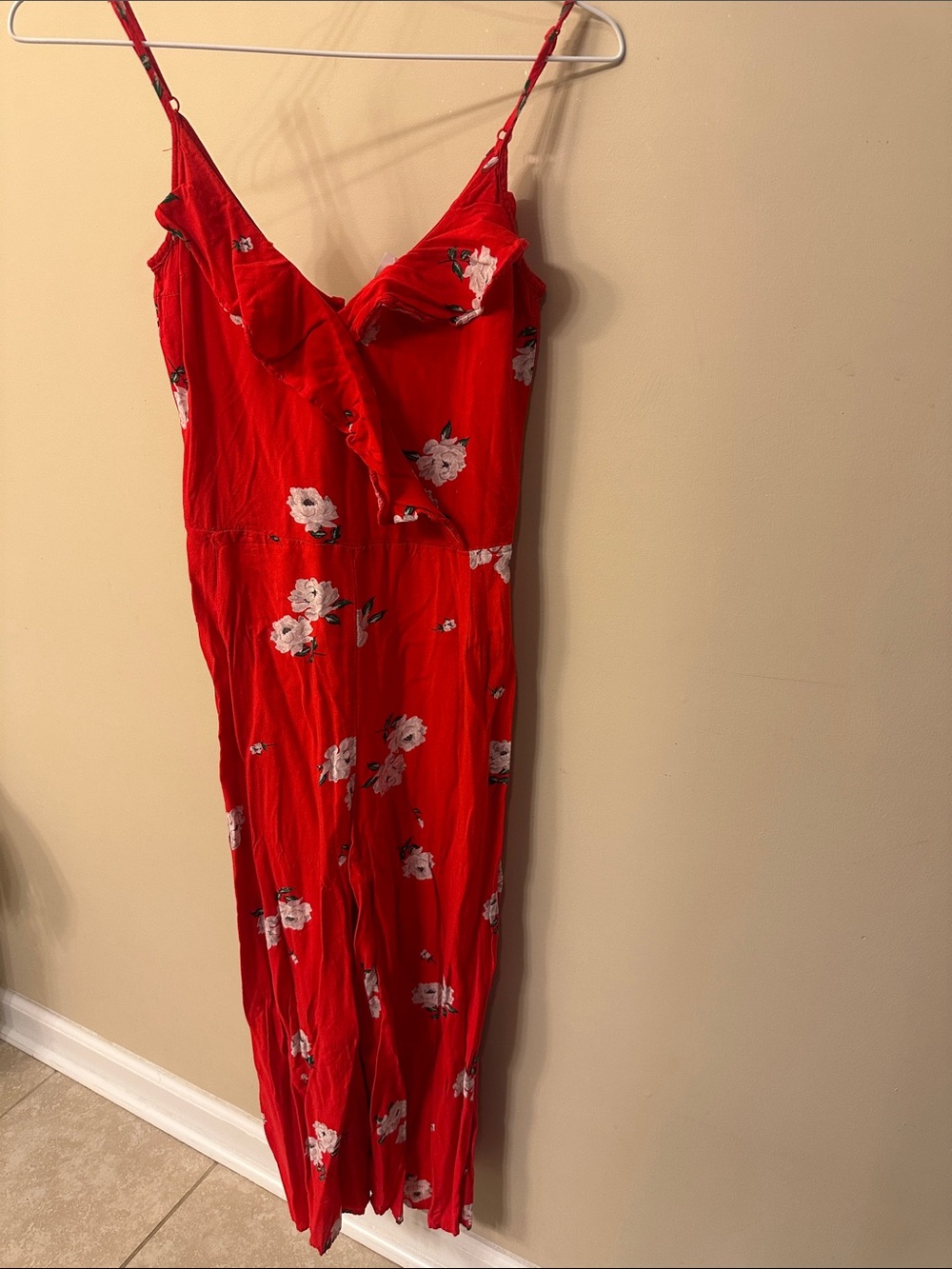 Divided Red Floral Jumpsuit with White Flowers